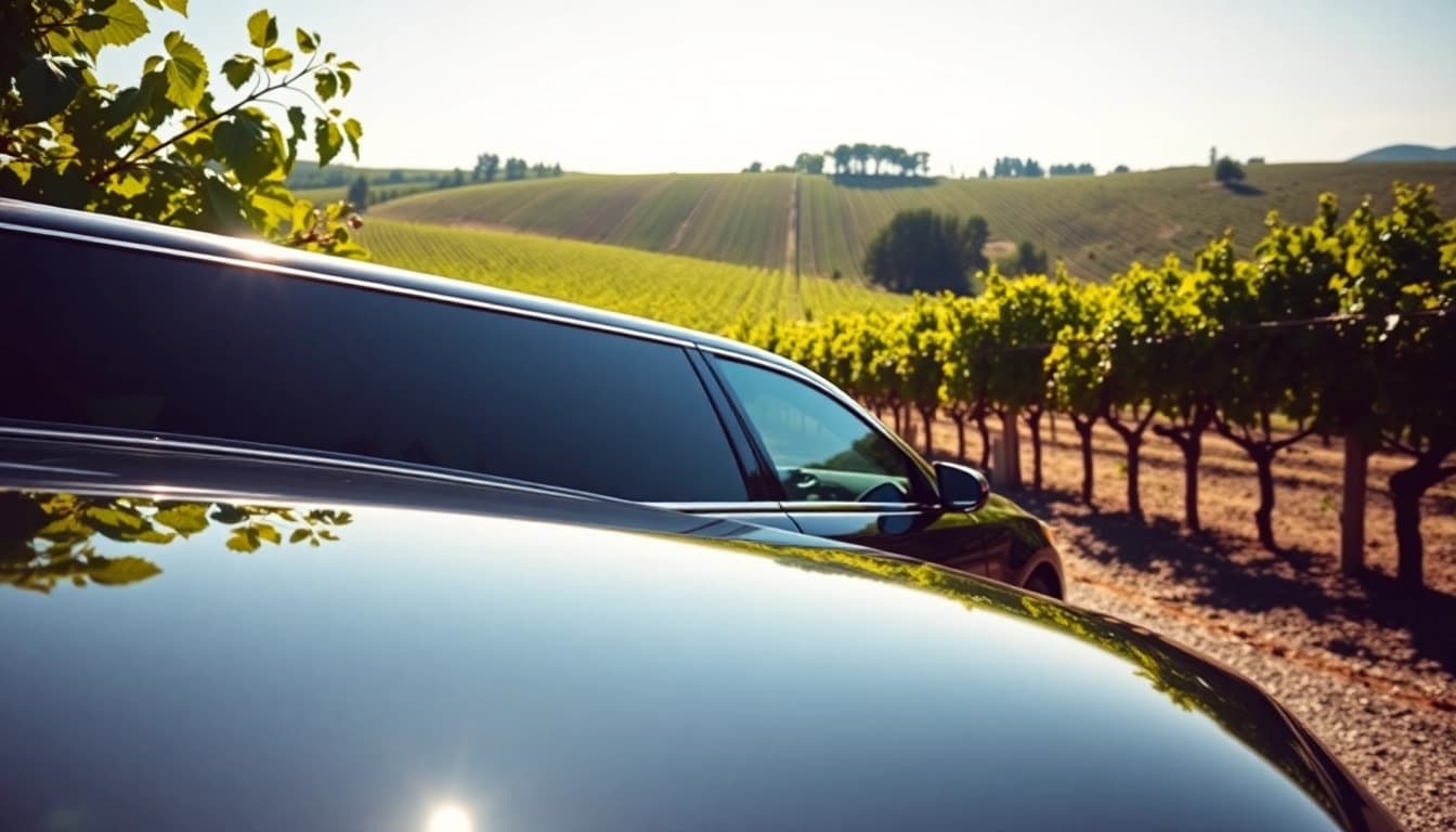 Experience the luxury of a langley wine tour limo amidst stunning vineyards and bright sunlight.