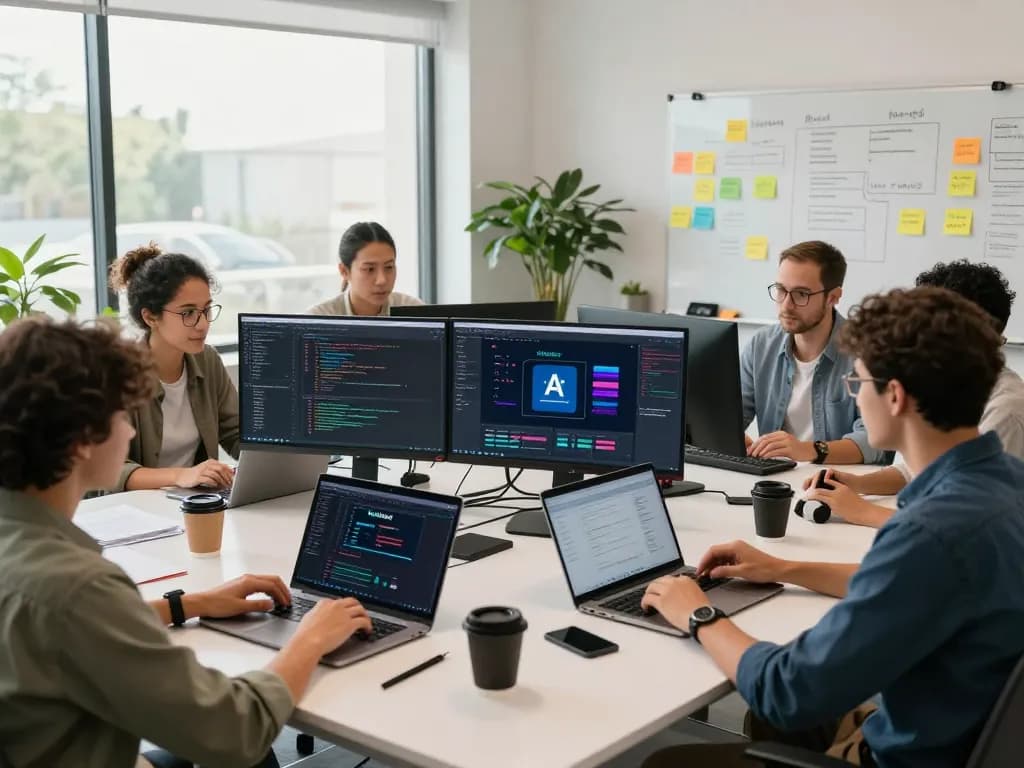 Moltbot AI team collaborating in a modern workspace with coding displays and brainstorming tools.