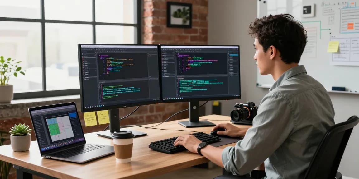 Developer using 截图软件 on dual monitors in a modern tech workspace, bustling with gadgets and natural light.