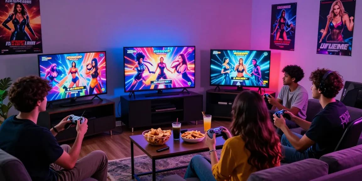 Friends enjoying a porngame night with exciting visuals and snacks in a vibrant setting.