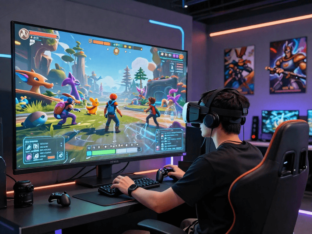 Immersive gaming scene featuring a player in VR experiencing character ai nsfw simulation with vibrant digital creatures.