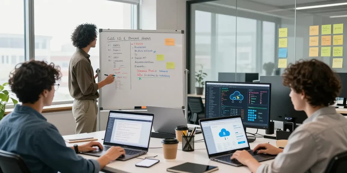 A collaborative team at romulus.digital developing innovative software solutions in a bright modern office.