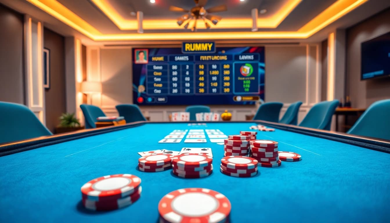 Engage in yono rummy with a digital gaming interface showcasing vibrant chips and cards.
