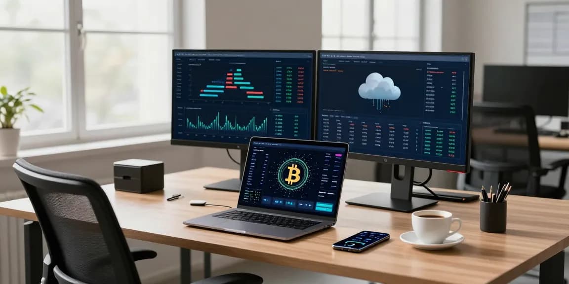 Start cloud mining today from a modern cryptocurrency trading workspace with live mining statistics on multiple monitors.