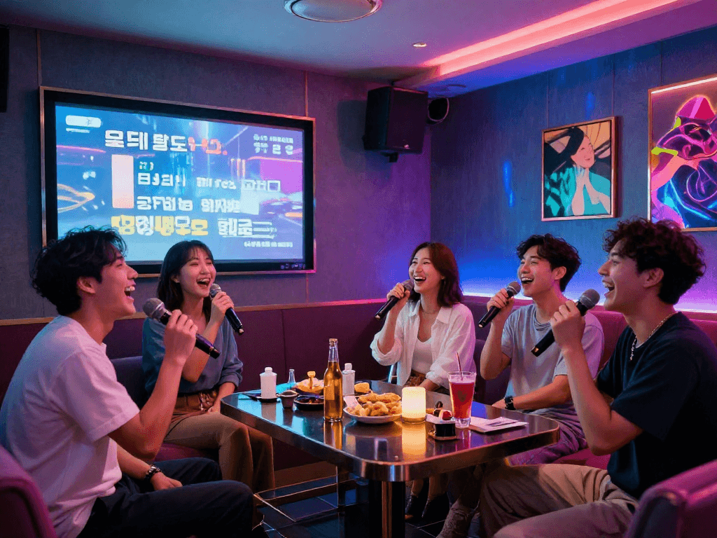 강남 달토 가라오케에서 즐거운 친구들과 함께 노래 부르는 모습, 화려한 조명과 대형 화면이 있는 공간