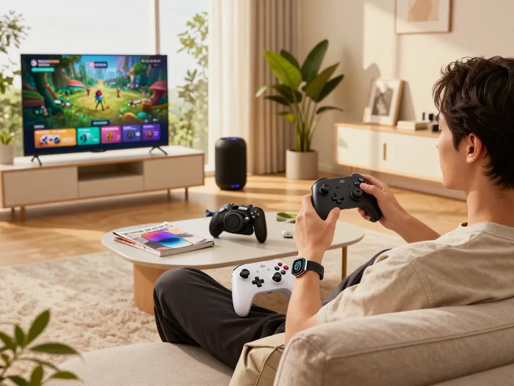 Engaging lifestyle with top 10 tech gadgets 2058 in a modern living room, showcasing Bluetooth devices.
