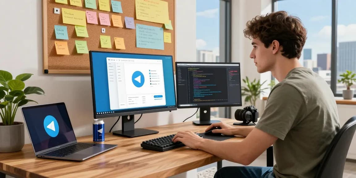 Engaging digital workspace with a developer focused on the Telegram app, highlighting 纸飞机中文版官网 in a modern tech environment.