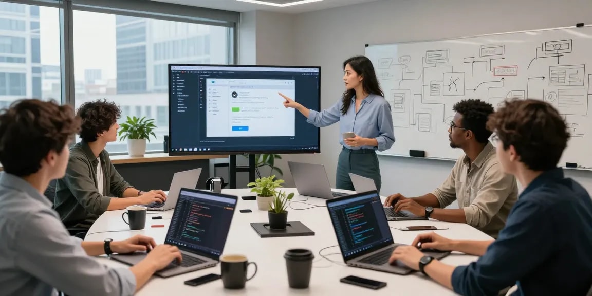 Dynamic collaboration among developers showcasing the 纸飞机中文版官网 in a modern tech workspace.