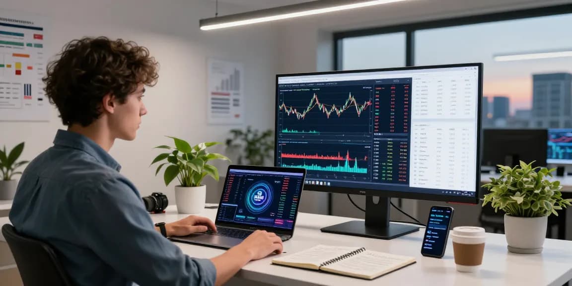 Data analyst examining EURUSD live data feed on multiple screens in a modern tech workspace