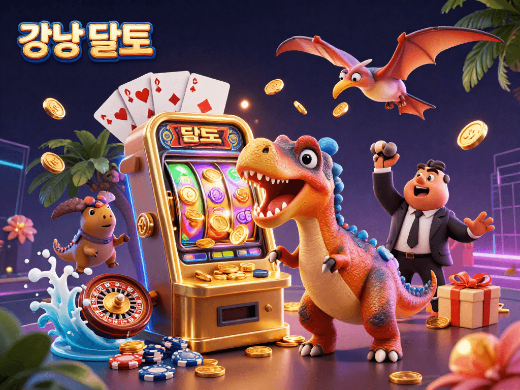 강남 달토에서 카지노 슬롯머신으로 잭팟을 노리는 장면을 담은 일러스트.