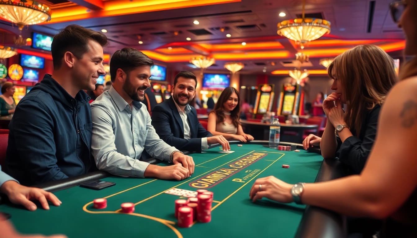 Taruhan di duniabet dengan pemain dan dealer di meja blackjack yang menarik.