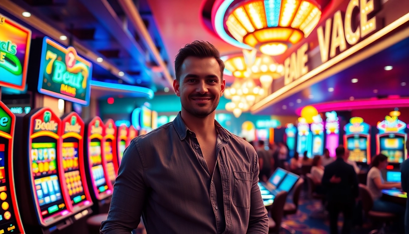 Vegas hero enjoying the thrill of the casino with vibrant slots and games surrounding.