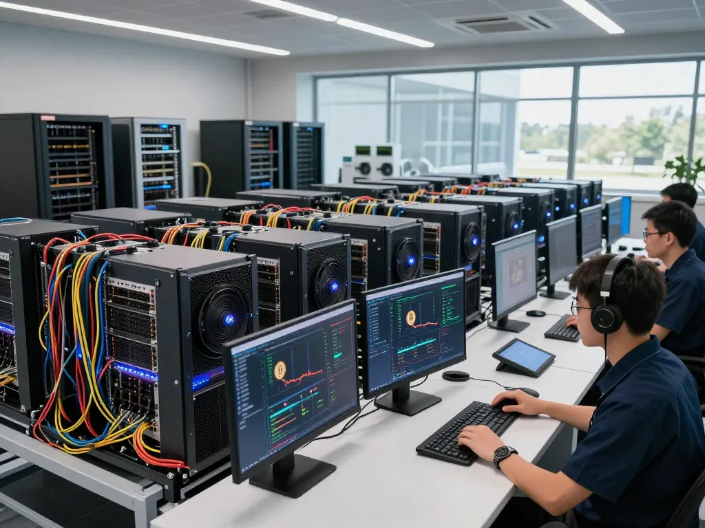 Digital asset mining platform technicians analyzing performance metrics in a modern data center.