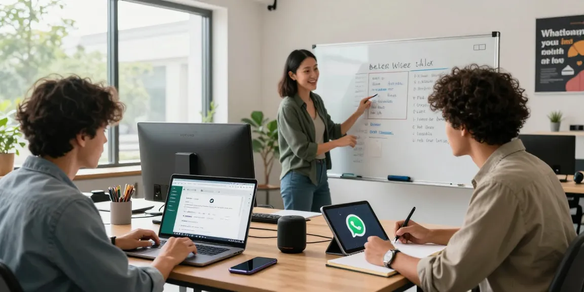 Team collaborating on WhatsApp網頁版 in a modern office