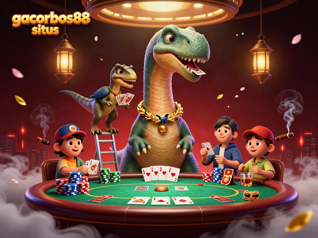 Play thrilling card games at gacorbos88 situs with a whimsical 3D illustration featuring vibrant casino elements.