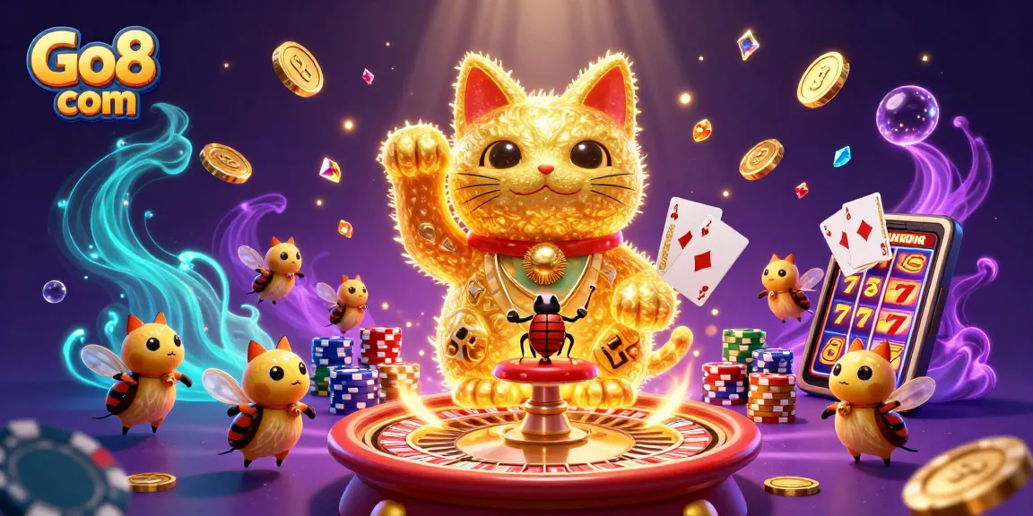 Engage with Go8 com's vibrant casino scene featuring a lucky cat and dynamic game elements.