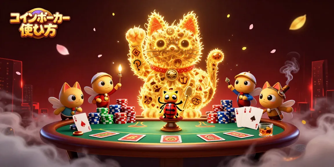 コインポーカー 使い方を解説したイラスト。ゴージャスなポーカーテーブルとキャラたちが特徴。