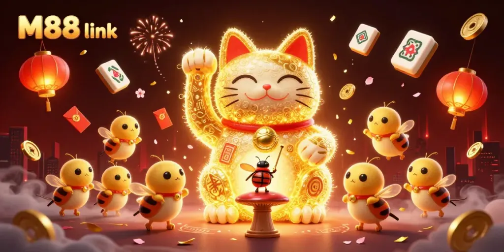 Cá cược thể thao tại M88 link với hình ảnh mèo thần tài từ những con đom đóm vàng ánh lên sự may mắn.