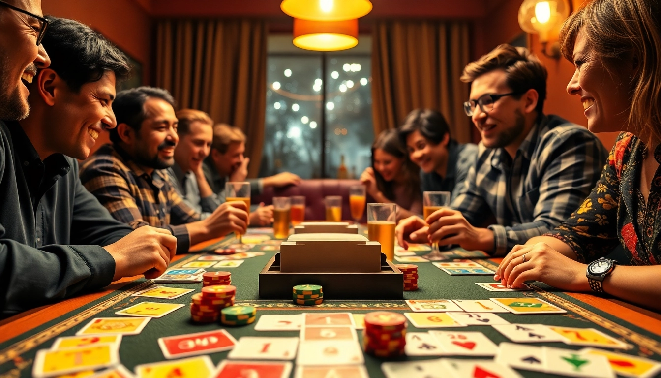 Players engaged in an energetic match of yono rummy around a card table filled with colorful game elements.