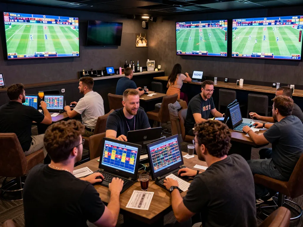 Engaged bettors at a lively sportsbook using the debet betting app to place wagers, surrounded by large screens.
