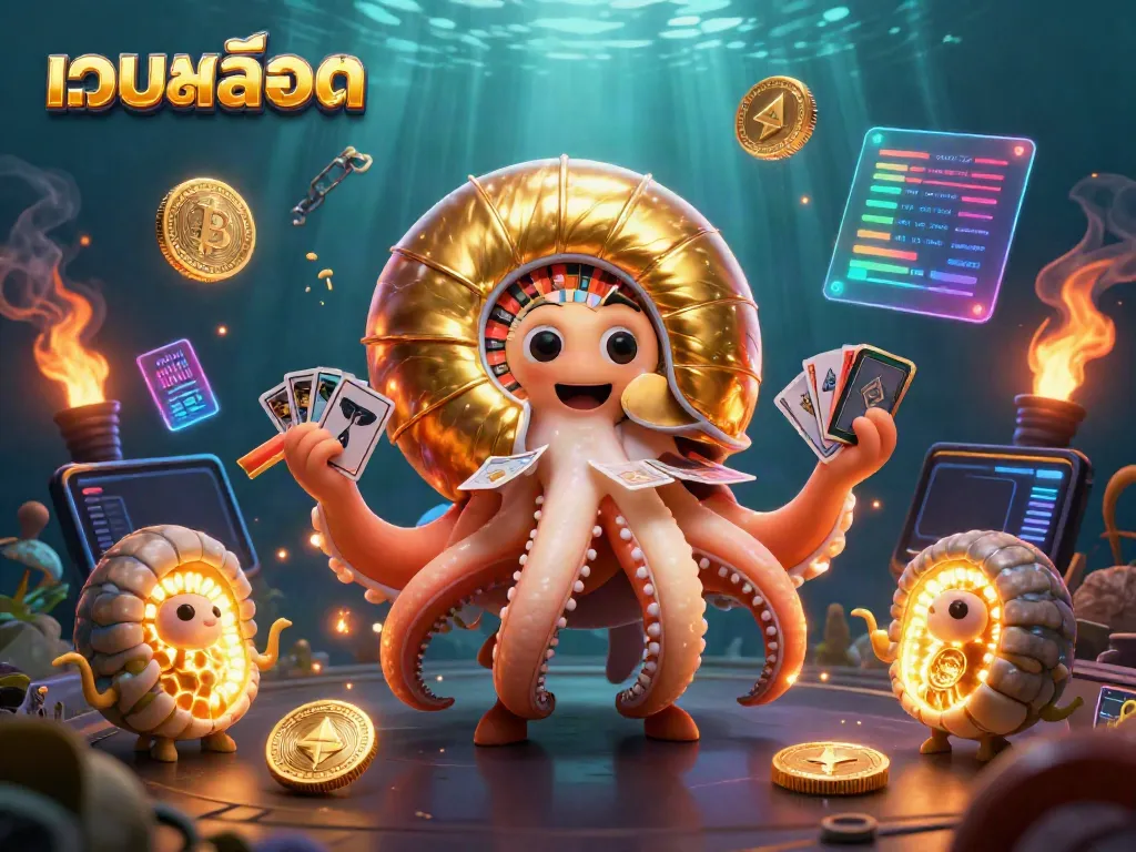Experience เว็บสล็อต with a vibrant, dynamic 3D scene of themed casino elements and characters.