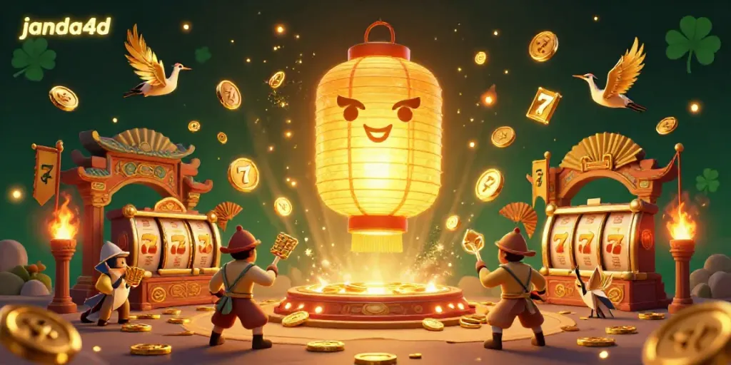 Ilustrasi 3D janda4d dengan lentera emas mengambang di atas kasino yang cerah, dikelilingi simbol keberuntungan.