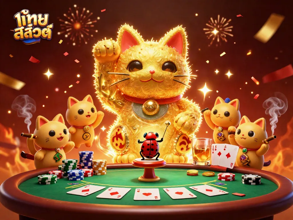 Engage in ไทย สล็อต action with a lucky cat, fireflies, and dynamic poker elements.