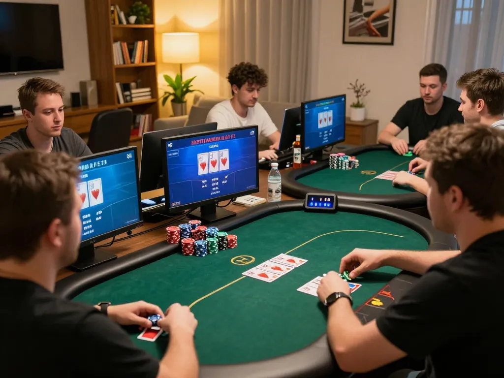 Engaging online poker session showcasing players strategizing with 789winf interface, adding excitement to home gaming experience