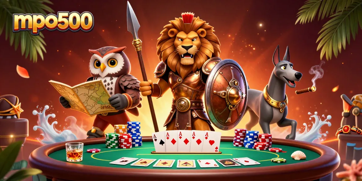 Engage with mpo500's thrilling poker action depicted by an armored lion, wise owl, and swift greyhound in a dynamic scene.
