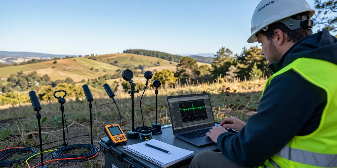 Geophone equipment setup during geophysical research in a scenic outdoor environment.