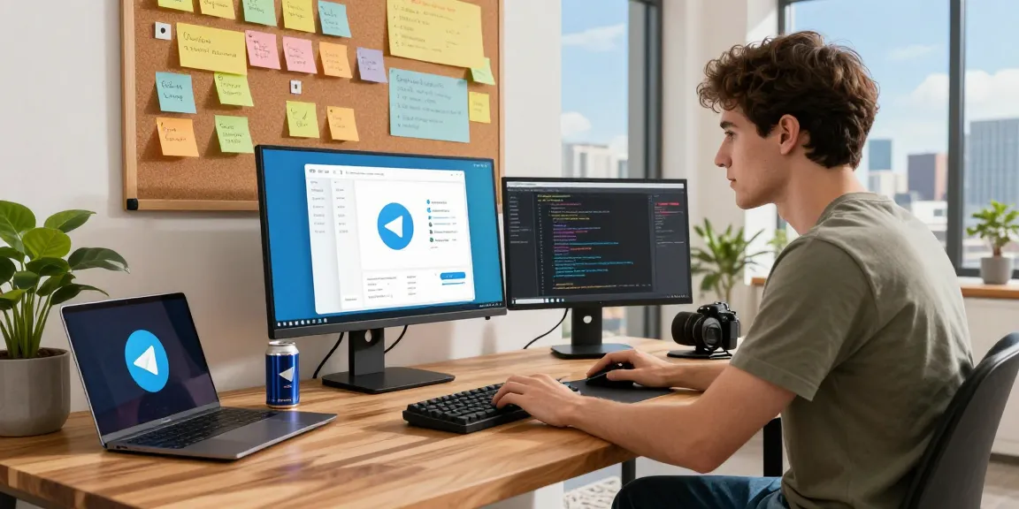 Engaging digital workspace with a developer focused on the Telegram app, highlighting 纸飞机中文版官网 in a modern tech environment.