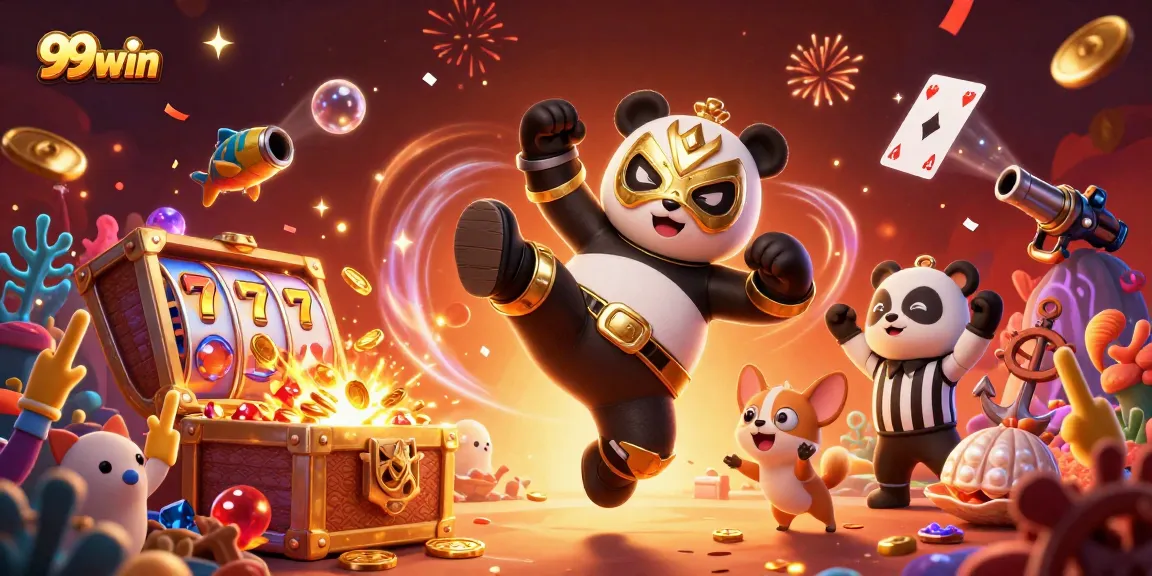 Experience the thrill of 99win with a panda in action, showcasing slots and riches