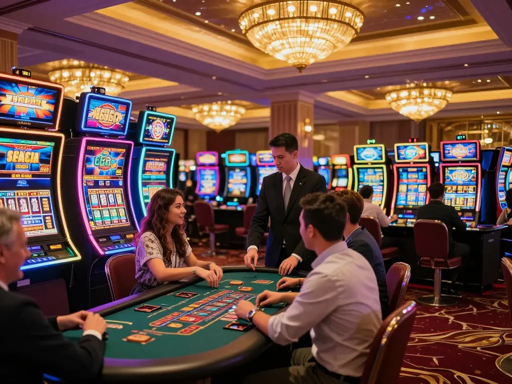 Go99 players celebrating a jackpot win at vibrant casino slot machines in a luxurious venue
