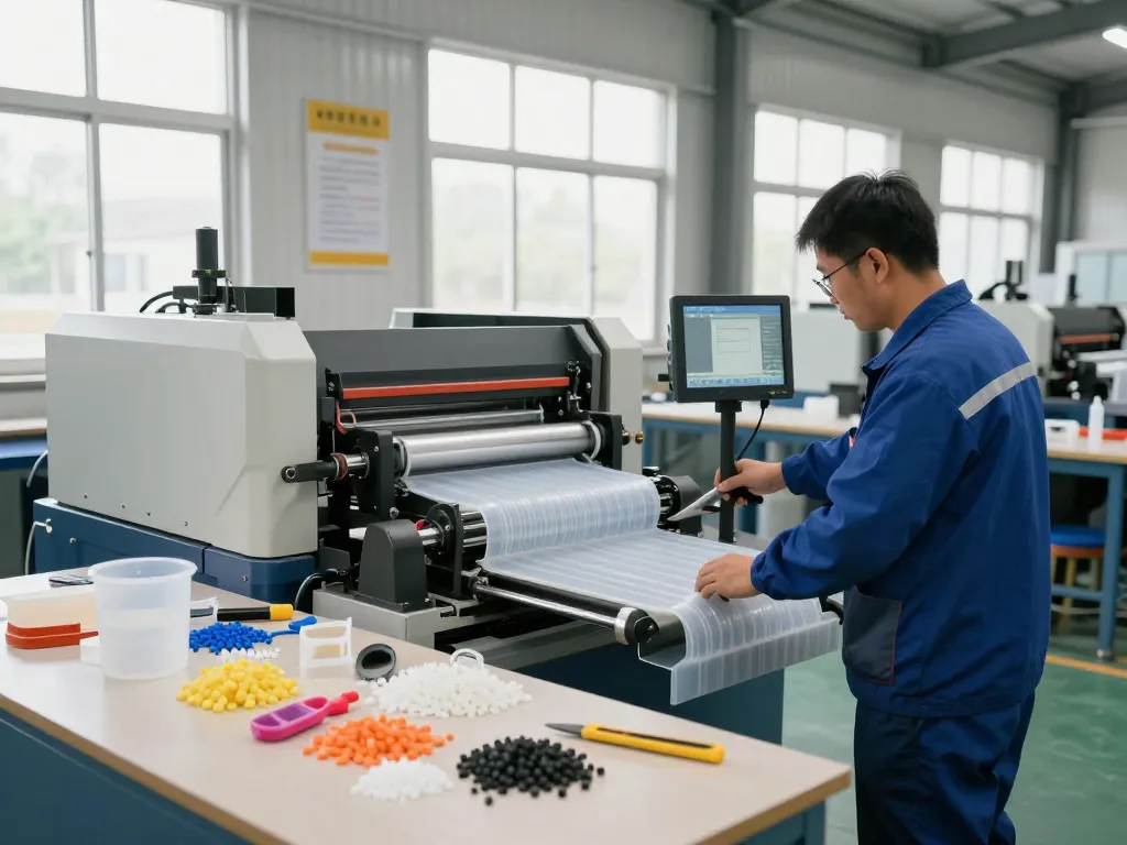 Bóc ép plastic thanh trì production scene with technician operating extrusion machine in vibrant workshop