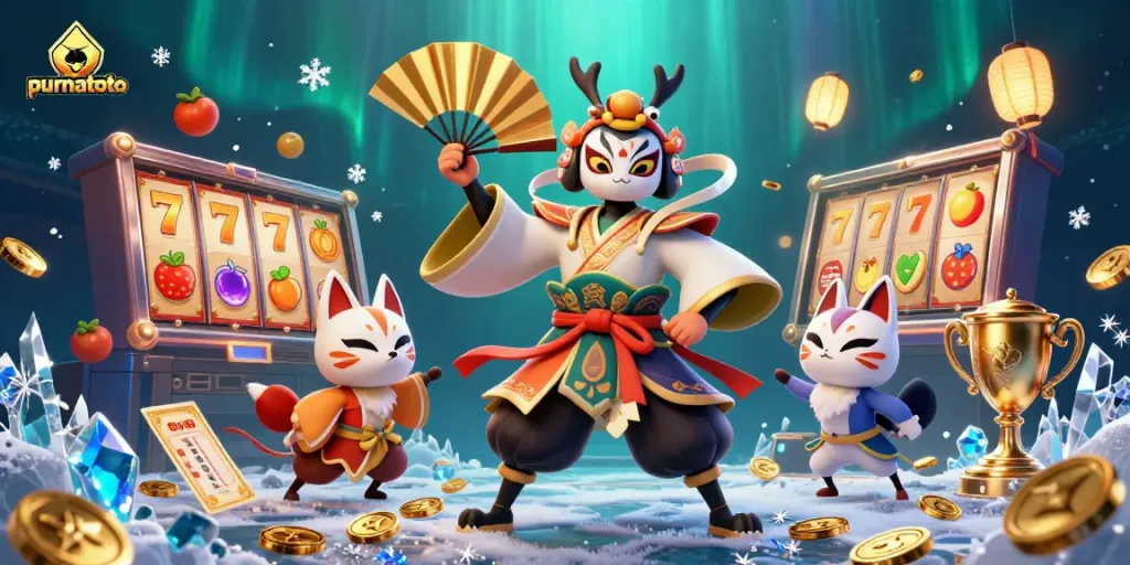 Menangkan permainan slot gacor di purnatoto dengan ilustrasi 3D karakter kabuki dan elemen kasino.