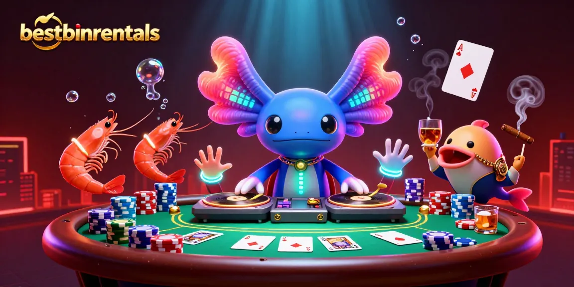 Experience thrilling gaming with bestbinrentals as a neon axolotl DJ spins and poker chips scatter.