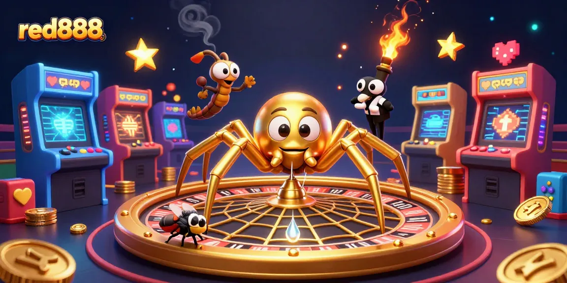Experience red888's lively gambling scene with a spider and centipede characters in a dazzling casino web.