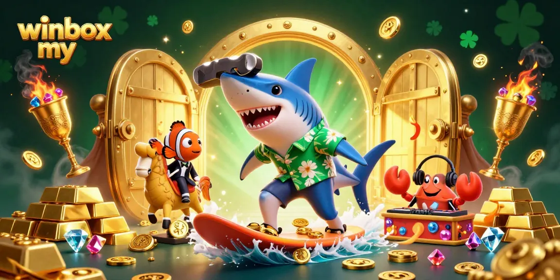 Winbox my offers thrilling casino excitement with cartoon characters amidst gold coins, showcasing online gaming potential.