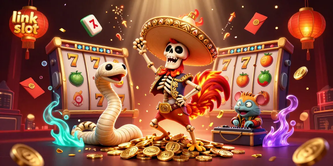 Experience the thrill of link slot with vibrant characters dancing on a pile of coins.