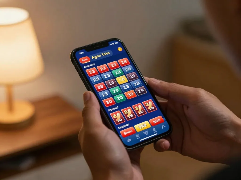 A person using an agen toto platform on a smartphone while enjoying a cozy home environment.