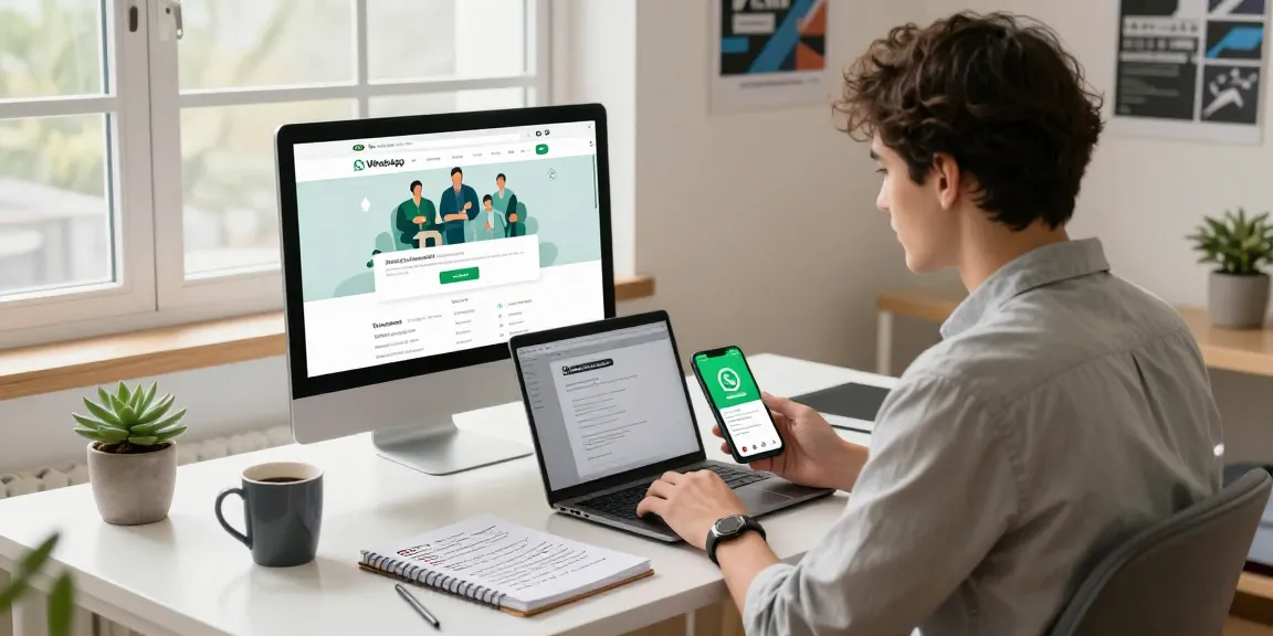 Professional workspace scene highlighting WhatsApp下載, featuring a laptop and smartphone with WhatsApp interface.