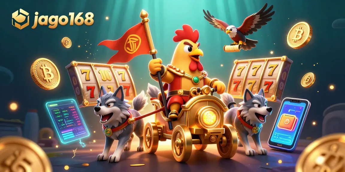 Engage in thrilling gameplay at jago168 with a vivid 3D scene featuring a rooster warlord and slot game elements.