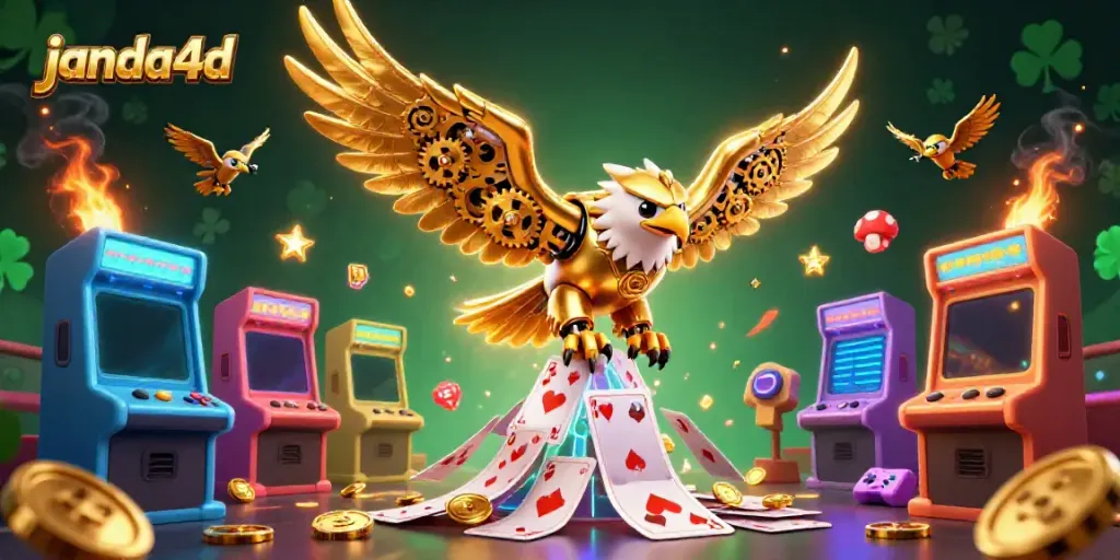 Bermain di janda4d dengan ilustrasi burung elang cybernetic terbang di atas kartu bermain holografis