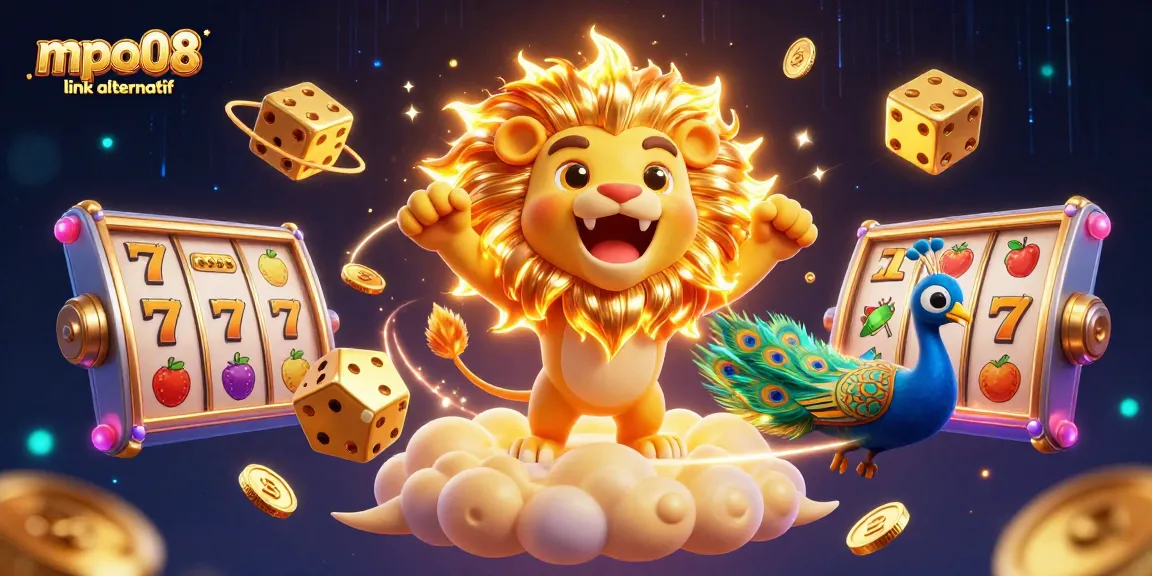 Engage with mpo08 link alternatif as the cartoon sun lion roars atop gold clouds amidst dynamic slot game elements and vibrant casino atmosphere.