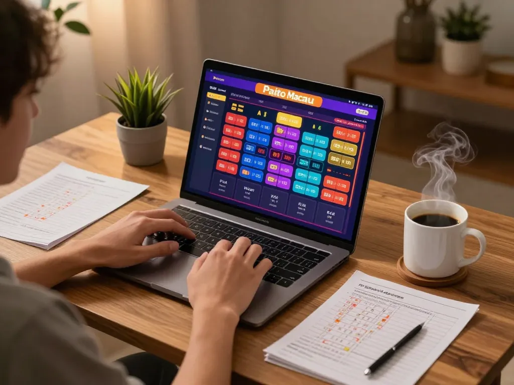 Paito macau betting on a laptop with colorful graphics and strategy notes at home.