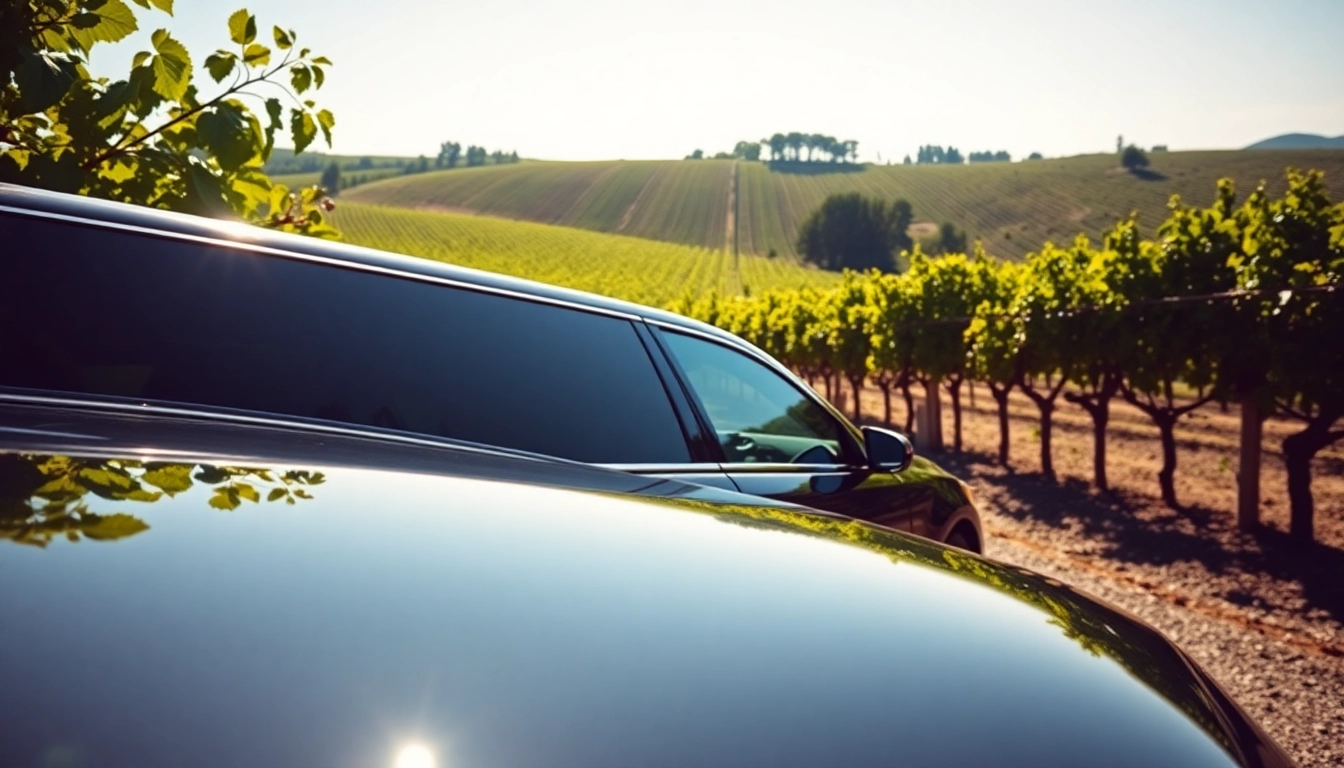 Experience the luxury of a langley wine tour limo amidst stunning vineyards and bright sunlight.