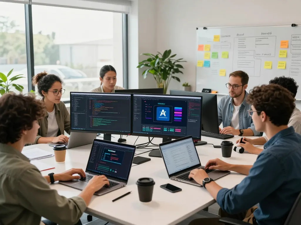 Moltbot AI team collaborating in a modern workspace with coding displays and brainstorming tools.