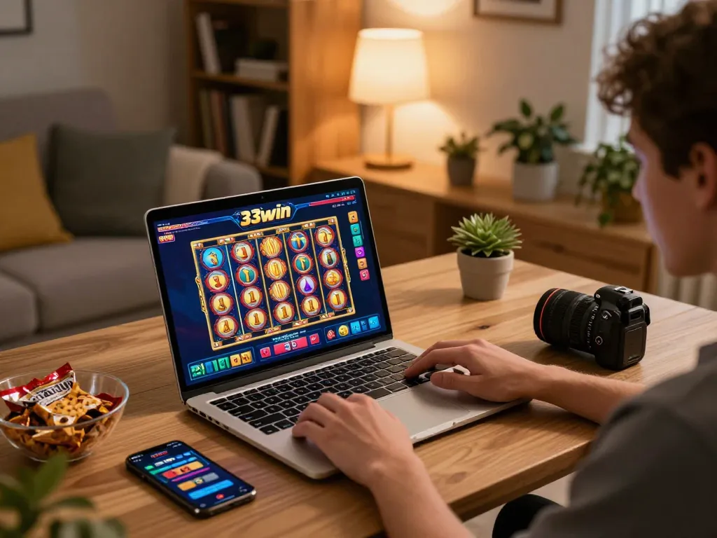 Engaging in an online 33win gaming session showcasing vibrant slot games on a laptop.