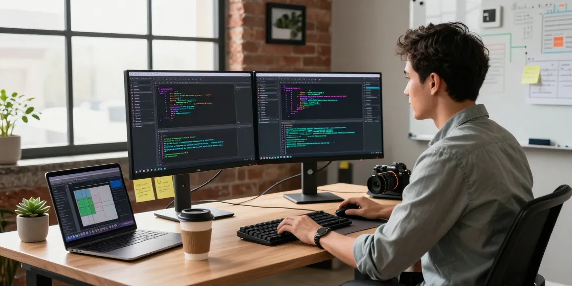 Developer using 截图软件 on dual monitors in a modern tech workspace, bustling with gadgets and natural light.