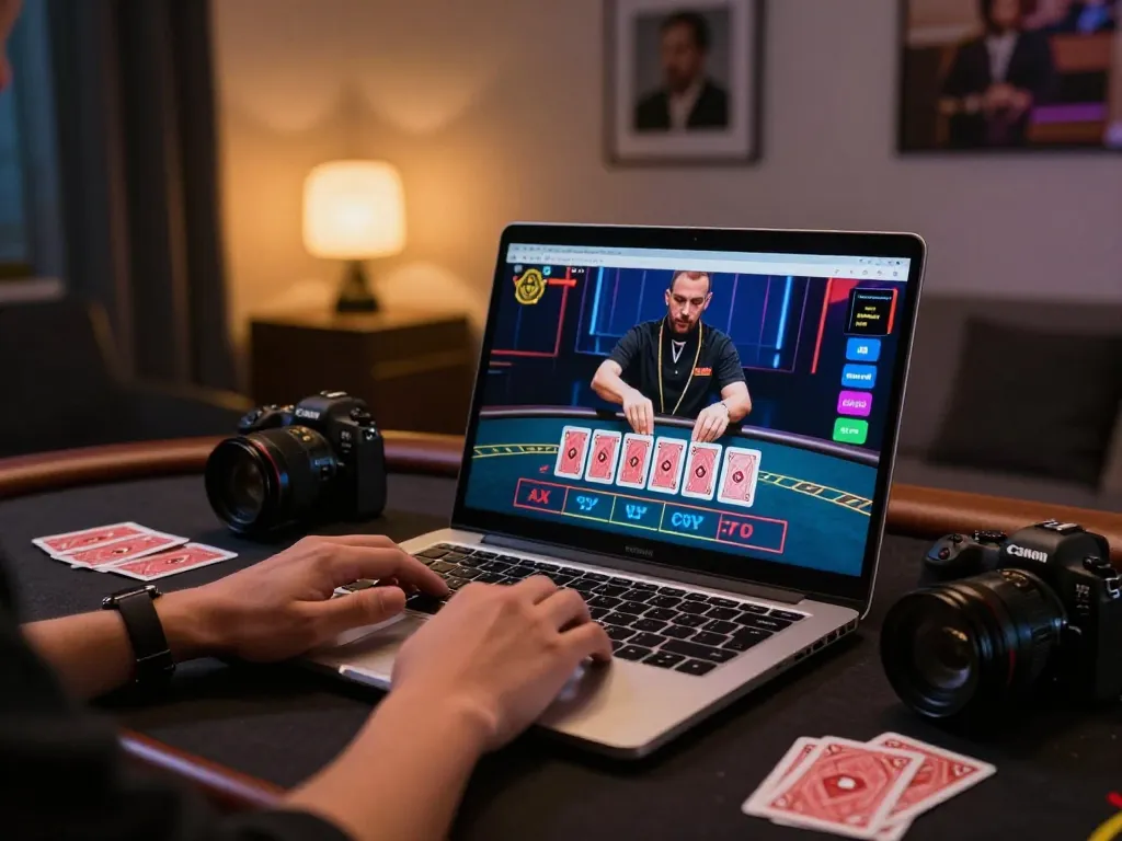 Using包网 for an online blackjack game on a stylish laptop at home with warm lighting.